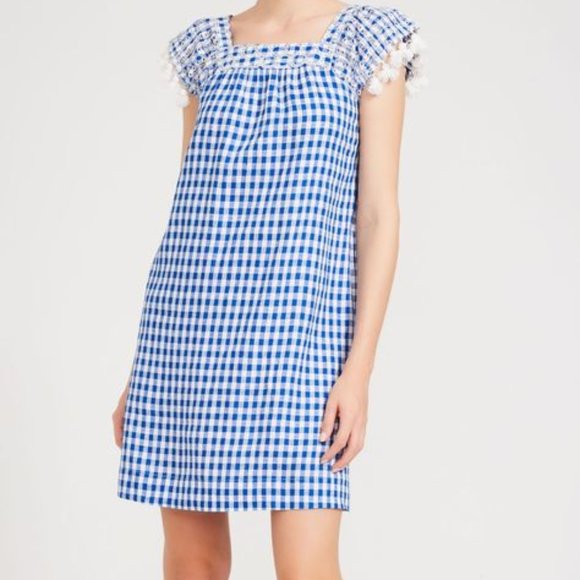 J. McLaughlin Linen Gingham Blue Kris Dress women’s SIZE L - Picture 1 of 1